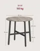 A round dining table with gray legs and a wood-tone top, with dimensions and weight capacity indicated. Náhled obrázku produktu