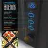 A close-up view of a toaster's control panel with labels and icons, alongside a visual guide to its functions. The background shows a few slices of toast. Anteprima dell’immagine prodotto
