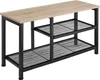 A shoe rack with a wooden top and black metal frame, featuring two shelves made of mesh. Voir les images du produit
