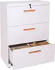 A white metal filing cabinet with three drawers, one of which is open and contains hanging files. The handles on the drawers are a light brown color. A key is in the lock on the top drawer. Produktbild-Vorschau