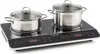 A two-burner induction cooktop with two pots on it, shown from a slightly elevated front-left angle against a white background. Produktbild-Vorschau
