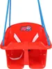 A red plastic baby swing with blue ropes hanging from above. Náhľad obrázku produktu