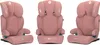 Three views of a pink car seat are displayed against a white background. Náhled obrázku produktu