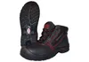 A pair of black safety boots with red stitching and laces, shown from a slightly angled front view, with the sole of one boot visible. Produktbild-Vorschau