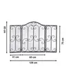 A three-panel metal fireplace screen with ornate scrollwork, shown with dimensions indicated by measurement lines and text. Produktbild-Vorschau
