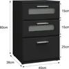 A black three-drawer chest of drawers with dimensions indicated by measurement lines and text. Produktbild-Vorschau