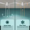 A split image showing a ceiling fan in two modes: summer (cooling) and winter (heating). Produktbild-Vorschau