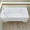 A white bathtub with a chrome faucet and drain, set against a light-colored wooden floor and a wooden shelf with integrated lighting. Produktbild-Vorschau