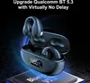 A pair of dark blue wireless earbuds with their charging case, set against a dark, circuit-board-like background with glowing blue accents. Náhled obrázku produktu
