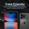 A marketing image showing a phone screen protector and the back of a phone, highlighting its case-friendly design. Produktbild-Vorschau