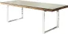 A rectangular dining table with a glass top and a rough wooden edge, supported by two U-shaped metal legs. Produktbild-Vorschau