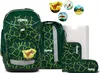 A set of school supplies including a backpack, pencil case, and other accessories, all featuring a green and yellow dinosaur pattern. Produktbild-Vorschau