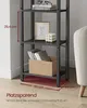 A close-up view of a gray shelving unit with books and decorative items on its shelves, with measurement indicators and descriptive text. Produktbild-Vorschau