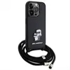 A black Karl Lagerfeld iPhone 15 Pro case with a crossbody strap is shown against a white background. Produktbild-Vorschau