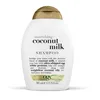 A white bottle of OGX Coconut Milk Shampoo with a gold cap, set against a white background. Náhled obrázku produktu