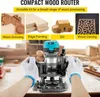 A collage showing different wood working applications and a compact wood router being held by gloved hands. Podgląd zdjęcia produktu