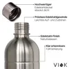 Close-up of a stainless steel water bottle with descriptive text labels pointing to its features. Produktbild-Vorschau