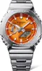 A close-up studio shot of a G-Shock watch with an orange dial and a silver metal band. Produktbild-Vorschau