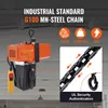 An industrial electric chain hoist is shown hanging from a ceiling, with close-ups of its chain and hook, along with marketing text highlighting its features. Produktbild-Vorschau