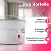 A close-up of a white cotton candy machine with text overlays highlighting its benefits. Podgląd zdjęcia produktu