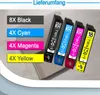 Four ink cartridges are displayed diagonally in front of a cardboard box. Text labels are on the left side of the image. Produktbild-Vorschau