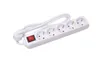 A white power strip with five outlets and a red on/off switch, lying on a white background. Produktbild-Vorschau