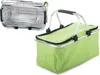 A green insulated shopping and picnic basket is shown from two angles: one showing the open interior and the other showing the closed exterior with handles. Náhled obrázku produktu