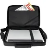 An open black laptop bag with a laptop inside and a magazine peeking out of a pocket. Produktbild-Vorschau