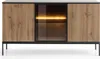 A modern sideboard with wooden slatted doors and a glass-fronted section with interior lighting. Produktbild-Vorschau