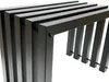 A close-up, angled view of a black metal bench with a slatted design, set against a white background. Produktbild-Vorschau