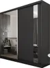 A black sliding door wardrobe with mirrored doors, reflecting a bedroom interior. Produktbild-Vorschau