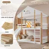 A bunk bed with a house-like design, featuring a slide and ladder, with informational callouts about materials and weight capacity. Produktbild-Vorschau