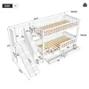 A diagram showing the dimensions of a white bunk bed with a slide and stairs. Produktbild-Vorschau