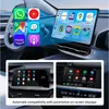 Collage showing a car's dashboard with a Carlinkit adapter interface and app icons, and close-ups of the adapter's screen display. Produktbild-Vorschau