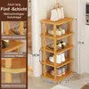 A wooden shoe rack with shoes and a handbag, placed in a hallway next to a door. Produktbild-Vorschau