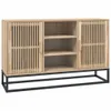 A light-colored wooden sideboard with slatted doors and shelves sits on a black metal base. Produktbild-Vorschau