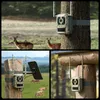 A collage of images showing a trail camera mounted on a tree, a fence post, and a wooden beam, with deer and cows visible in the background. Podgląd zdjęcia produktu