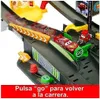 A toy race track with cars, featuring a "go" button and promotional text. Produktbild-Vorschau