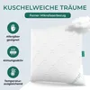 A white pillow with a wavy pattern is shown against a light blue background, with marketing text and icons highlighting its features. Produktbild-Vorschau