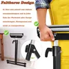 A person is holding a metal roller stand, with a close-up of the stand's folding mechanism and a separate image of the stand's base. Náhled obrázku produktu