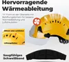 Marketing image showing a yellow safety helmet with various features highlighted by text and diagrams. Produktbild-Vorschau