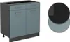 A kitchen base cabinet with two drawers and two doors, shown next to color swatches. Voir les images du produit
