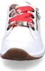 A close-up front view of a white leather sneaker with red and floral patterned laces. Produktbild-Vorschau