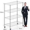 A man stands next to a silver, four-tier shelving unit with wheels. Dimensions are indicated on the image. Voir les images du produit