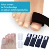 Close up of toes with toe protectors and bandages. A separate image shows the toe protectors and bandages in packaging. Produktbild-Vorschau