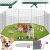 A collage of images showing a wire dog playpen with various small animals inside, along with accessories and a close-up of a dog. Produktbild-Vorschau
