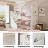 A white bunk bed with a house-like roof, decorated with pink bedding and stuffed animals, in a child's bedroom. The image is divided into a main view and three smaller detail shots. Anteprima dell’immagine prodotto