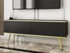 A black TV stand with gold accents and legs, placed in a modern living room setting. Produktbild-Vorschau