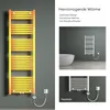 A collage of images showcasing a bathroom radiator, including a close-up of its design and a lifestyle shot in a bathroom setting. Produktbild-Vorschau