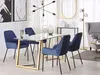 A dining room setting with a glass-top dining table and four blue chairs. Podgląd zdjęcia produktu